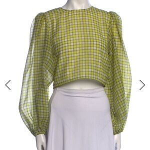 Ganni plaid print crewneck cropped blouse sz 38